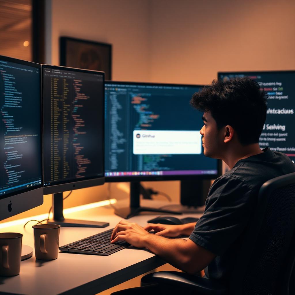 Desenvolvedor brasileiro sentado em mesa moderna com múltiplos monitores olhando devastado para tela de suspensão da conta do GitHub