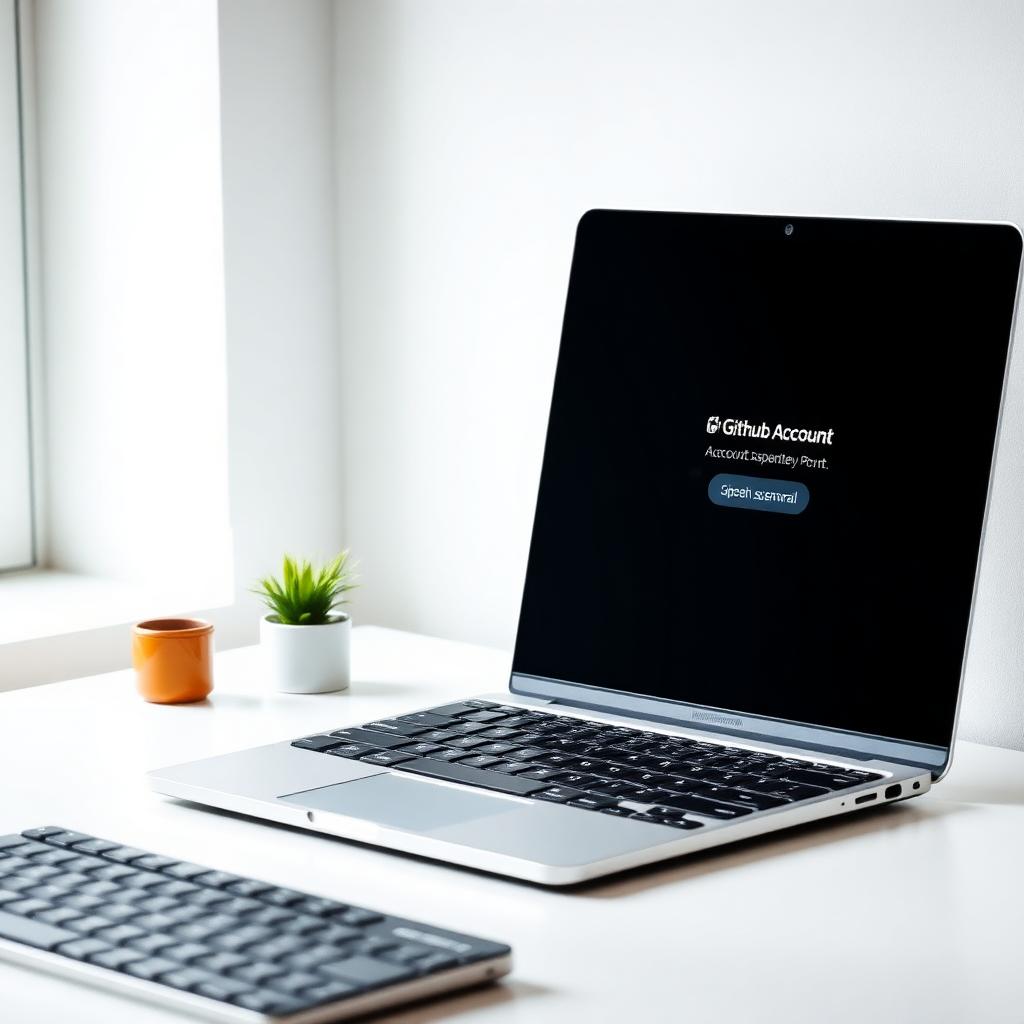 Tela de laptop em mesa minimalista exibindo mensagem de suspensão da conta do GitHub, com teclado mecânico e pequena planta ao lado