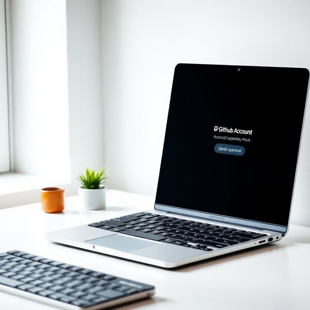 Tela de laptop em mesa minimalista exibindo mensagem de suspensão da conta do GitHub, com teclado mecânico e pequena planta ao lado