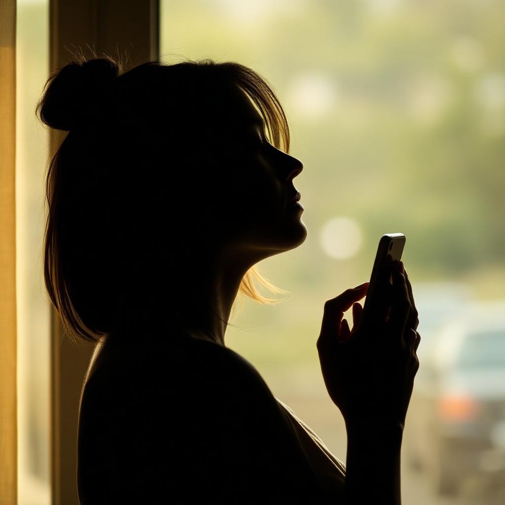 Silhueta pensativa contra janela com smartphone na mão