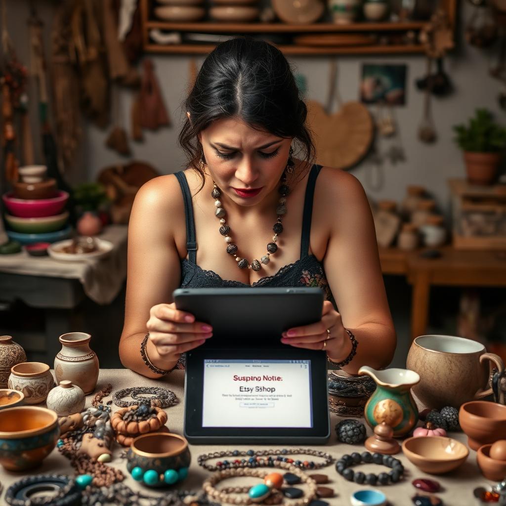 Artesã brasileira sentada em mesa de trabalho cercada por joias e cerâmicas feitas à mão, olhando angustiada para tablet com suspensão da loja no Etsy