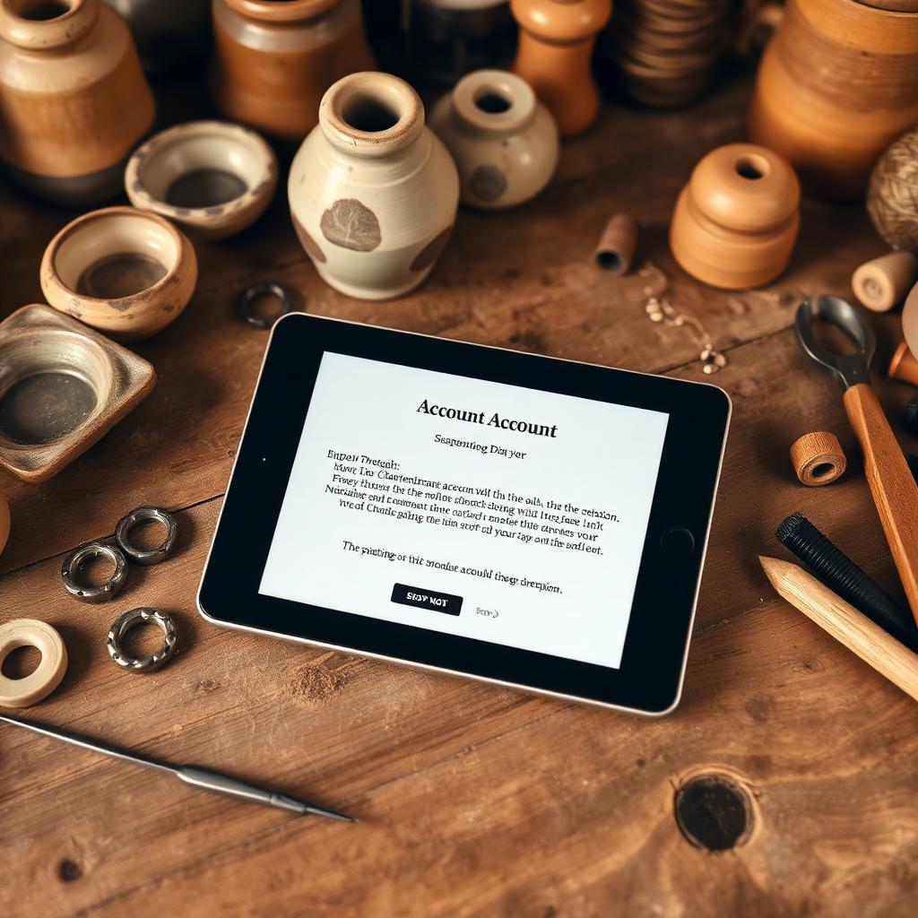 Tablet sobre bancada rústica de oficina exibindo notificação de suspensão da conta do Etsy, cercado por cerâmica artesanal, ferramentas de joalheria e carretéis de linha
