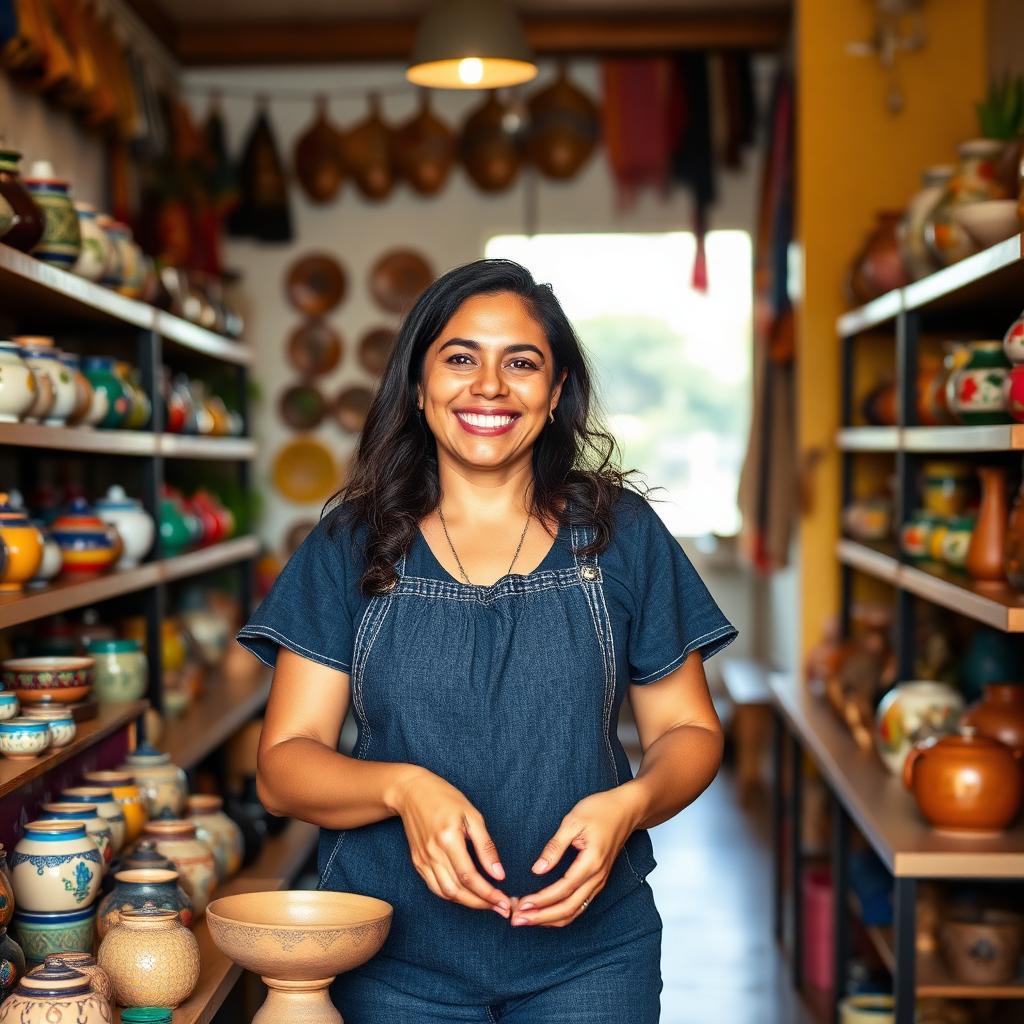 Artesã brasileira orgulhosa arranjando peças artesanais em loja boutique iluminada, sorrindo com cerâmicas coloridas e tecidos expostos em prateleiras ao fundo