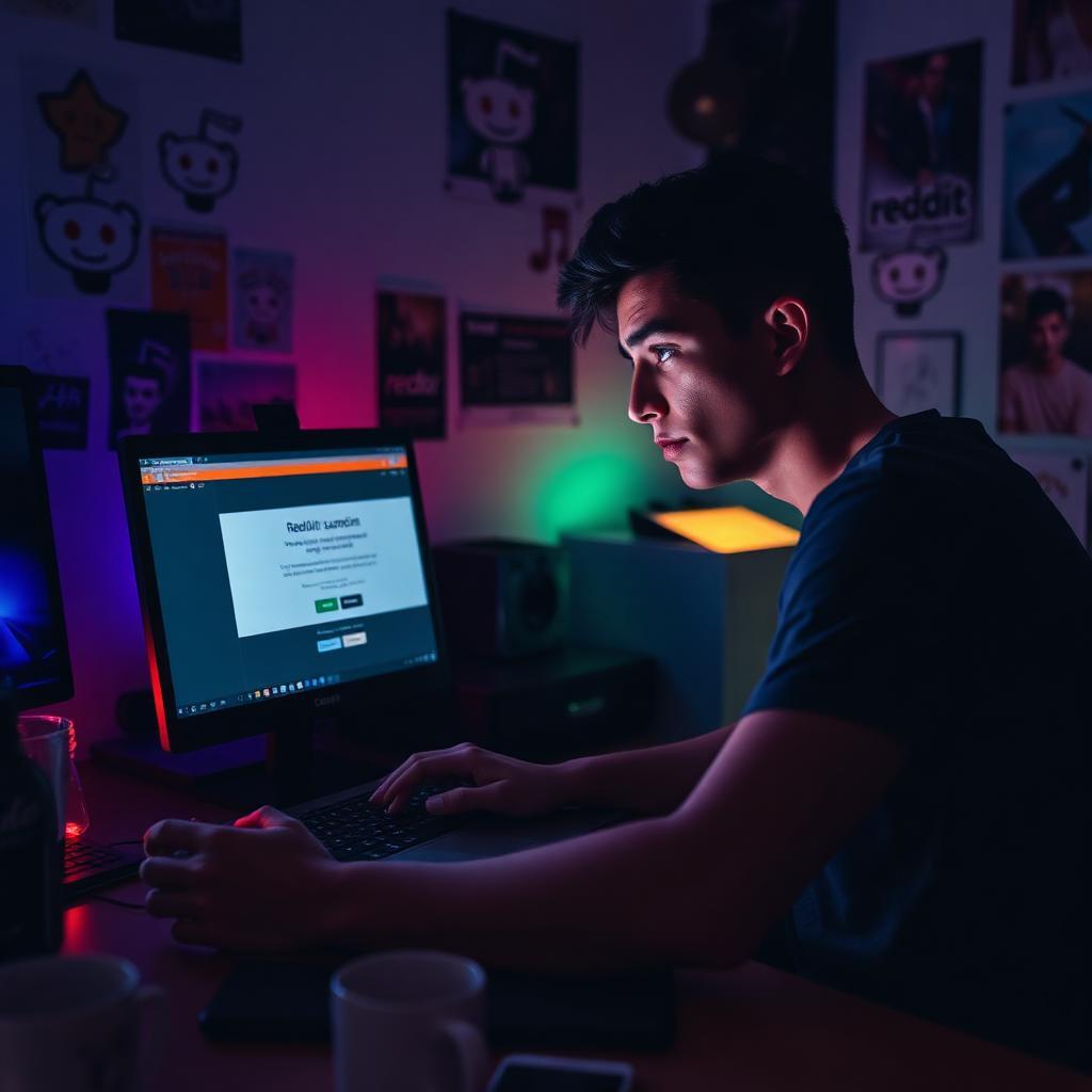 Jovem brasileiro sentado à mesa em ambiente com pouca luz, olhando chocado para o laptop com mensagem de suspensão da conta do Reddit