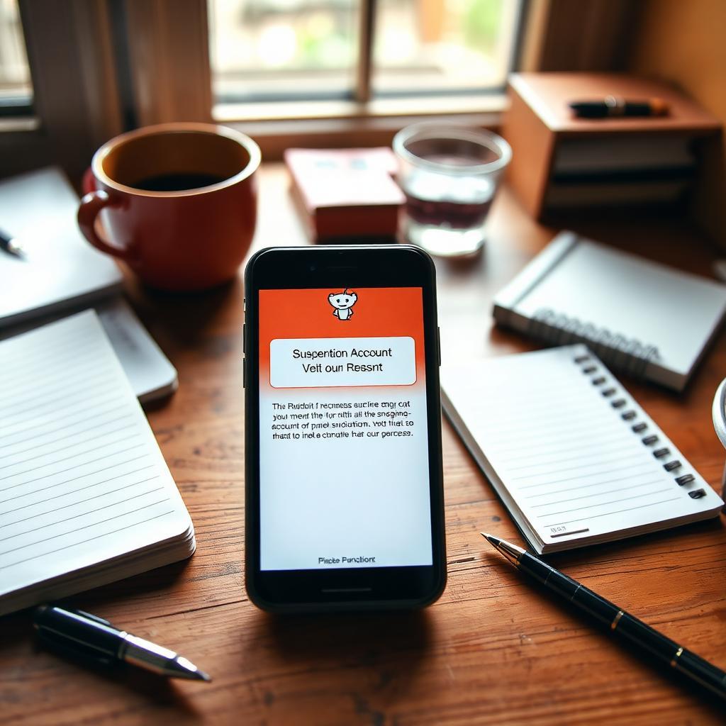 Smartphone sobre mesa de madeira exibindo notificação de suspensão da conta do Reddit, cercado por cadernos, caneta e xícara de café pela metade