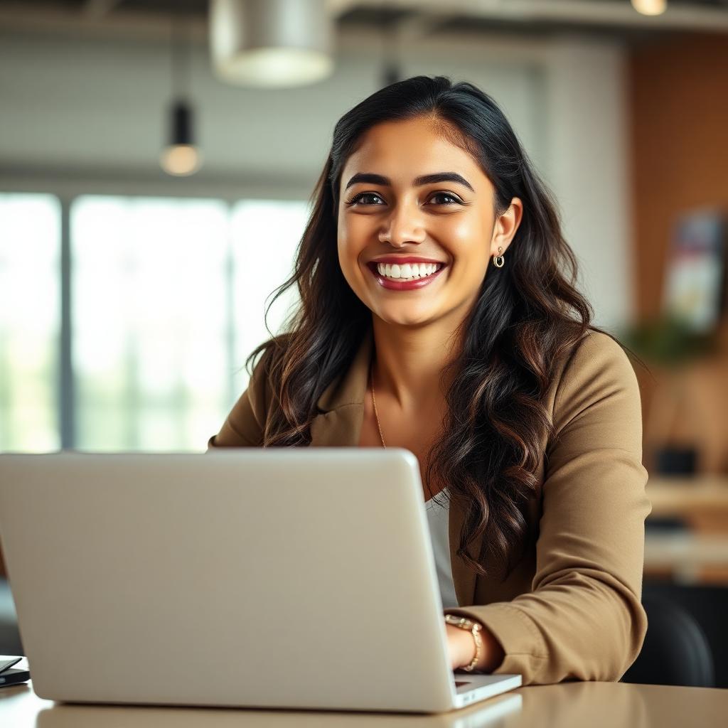 Jovem brasileira confiante moderando discussão no laptop, com ambiente de trabalho moderno e bem iluminado ao fundo
