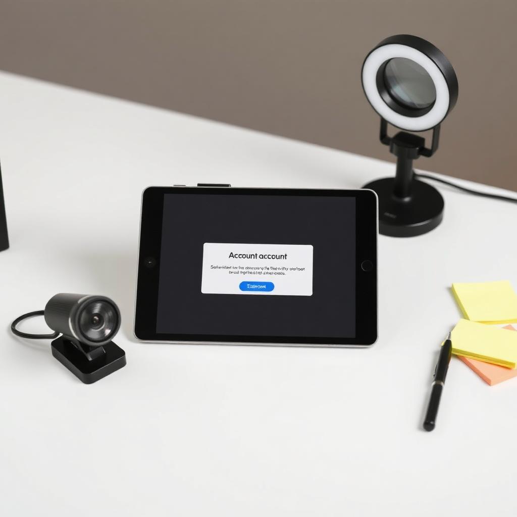 Tablet sobre mesa minimalista exibindo notificação de suspensão da conta do Zoom, com webcam, ring light e post-its ao redor