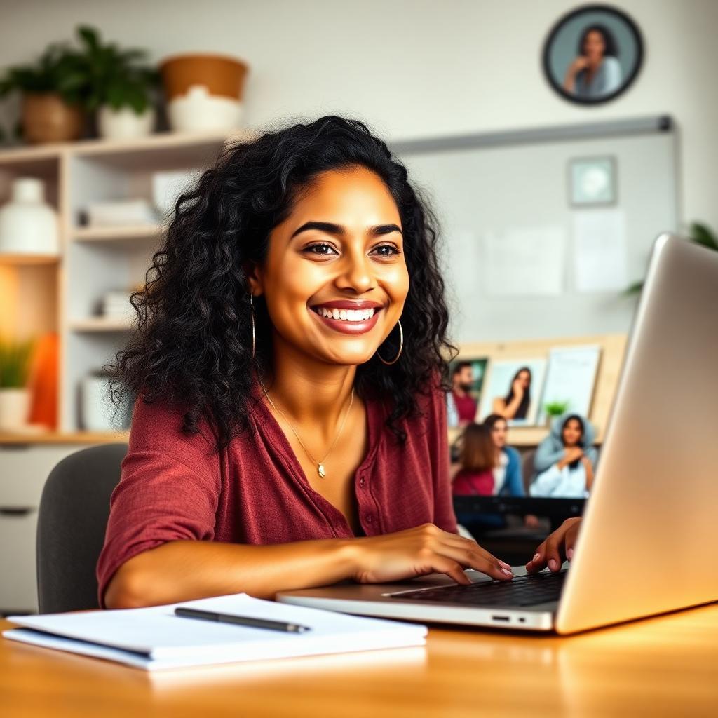 Professora brasileira sorrindo enquanto ministra aula online em home office bem iluminado, com microfone profissional e lousa digital ao fundo