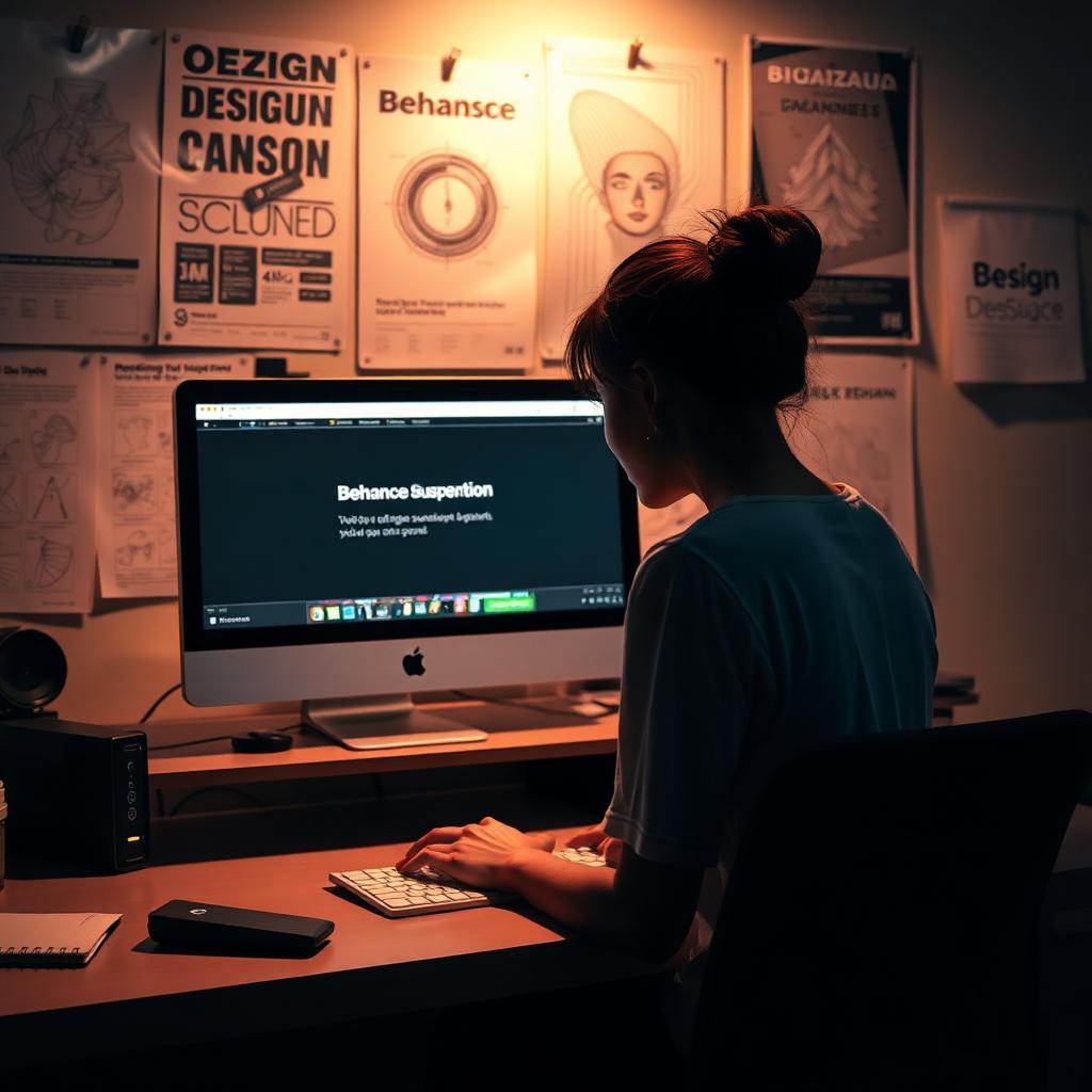 Designer gráfica brasileira sentada em estação de trabalho moderna olhando chocada para o iMac com mensagem de suspensão da conta do Behance