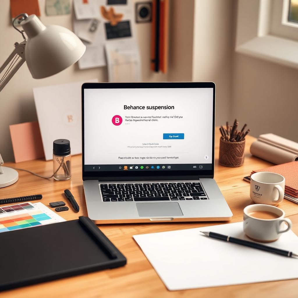 Laptop em estúdio criativo exibindo notificação de suspensão da conta do Behance, cercado por tablet de desenho, amostras de cores e xícara de café