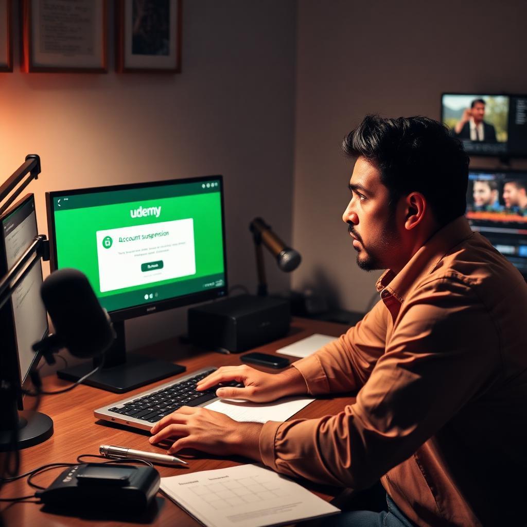 Instrutor brasileiro sentado em mesa de trabalho olhando chocado para o laptop com mensagem de suspensão da conta do Udemy