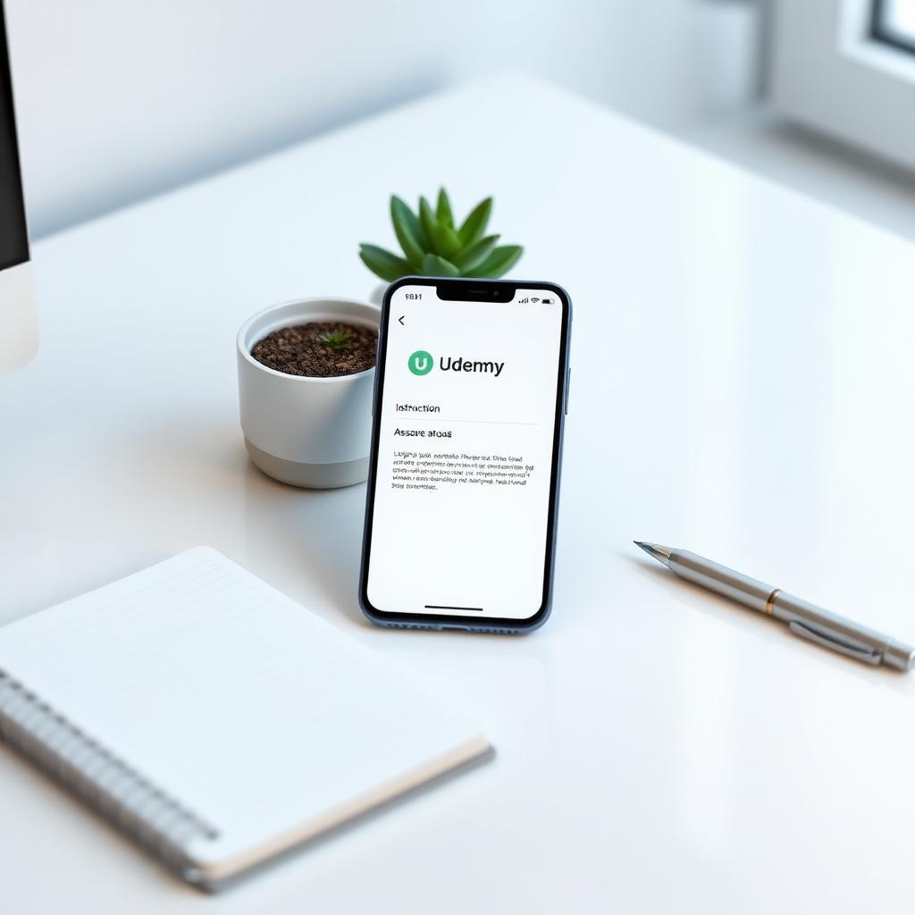 Smartphone sobre mesa limpa exibindo notificação de suspensão da conta do Udemy, com caderno, caneta e pequena planta ao redor