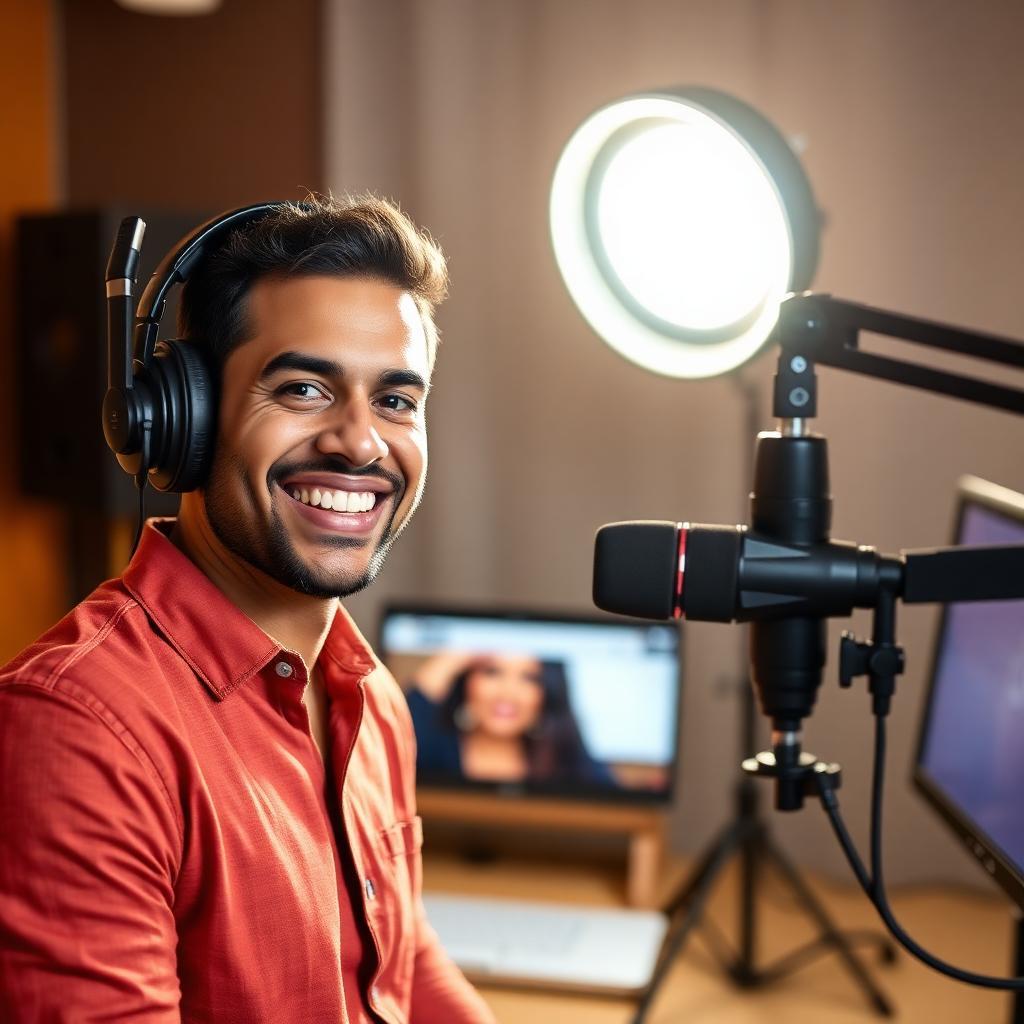 Instrutor brasileiro gravando curso online em estúdio bem iluminado, sorrindo com confiança para a câmera com microfone profissional e ring light