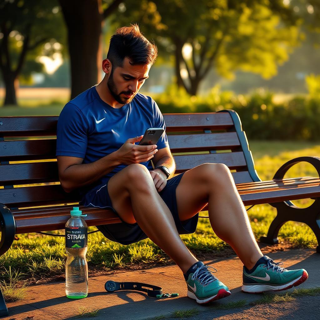 Atleta brasileiro sentado em banco de praça após corrida olhando desolado para o celular com mensagem de suspensão da conta do Strava