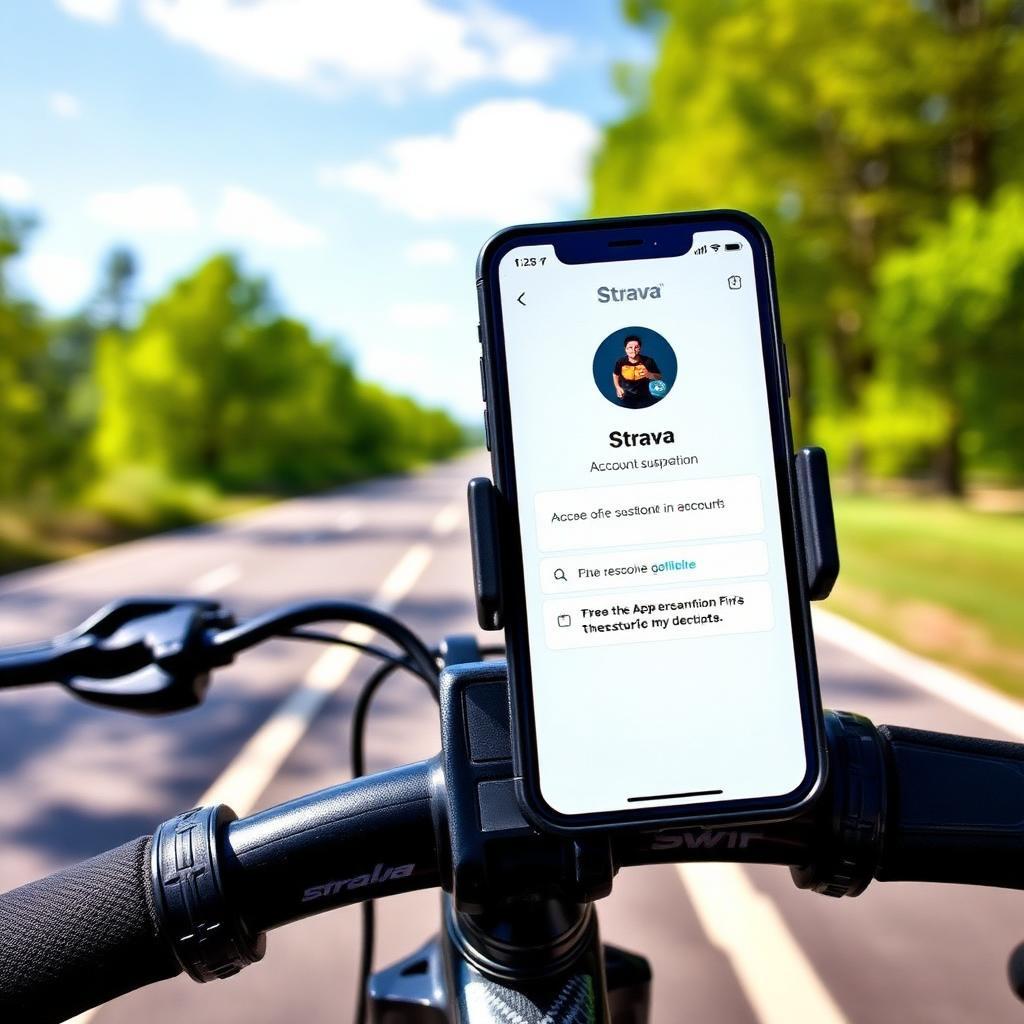Smartphone preso em guidão de bicicleta exibindo notificação de suspensão da conta do Strava, com trilha arborizada e luz do sol ao fundo
