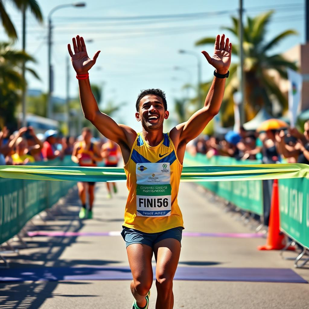 Corredor brasileiro cruzando linha de chegada em corrida local com braços erguidos em vitória, amigos aplaudindo ao fundo