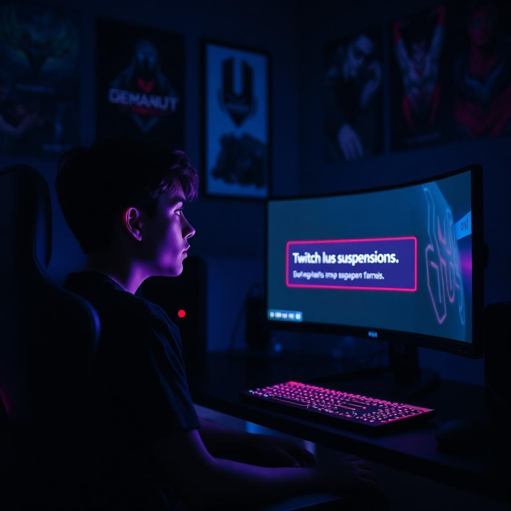 Streamer brasileiro sentado em frente a setup gamer olhando chocado para monitor com mensagem de suspensão da conta da Twitch