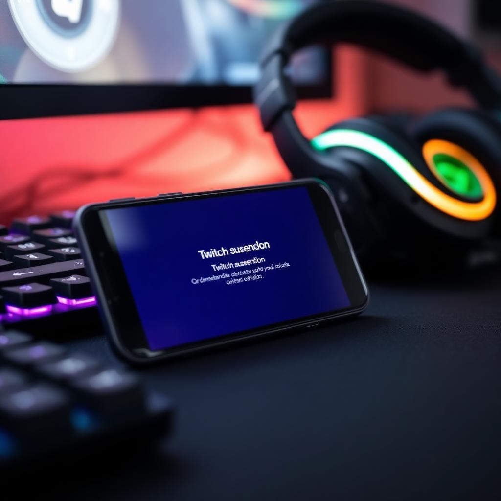 Smartphone sobre mesa gamer exibindo notificação de suspensão da conta da Twitch, com fones de ouvido e teclado RGB ao lado
