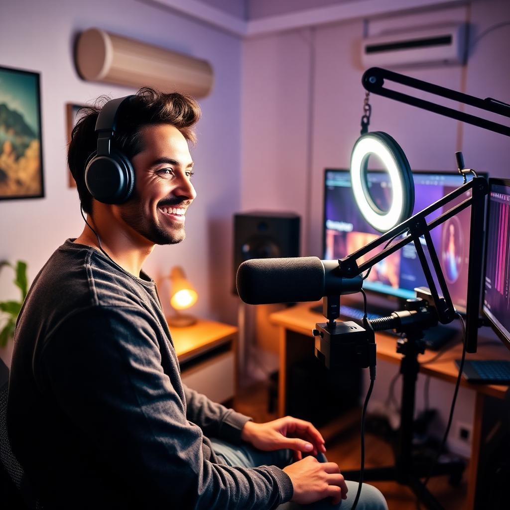 Streamer brasileiro sorrindo enquanto transmite live em estúdio iluminado, interagindo com câmera e microfone profissional