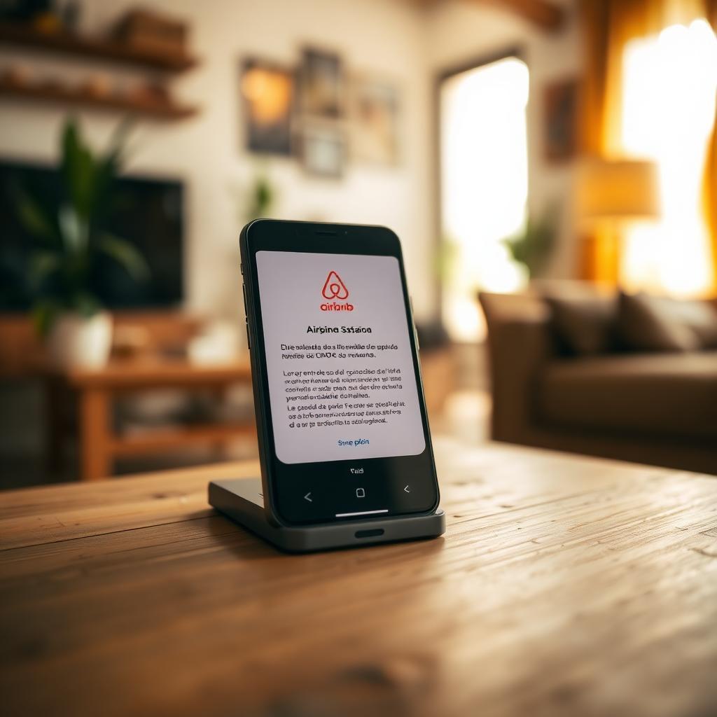 Smartphone sobre mesa de centro de sala exibindo notificação de suspensão da conta do Airbnb, com decoração brasileira e plantas ao fundo