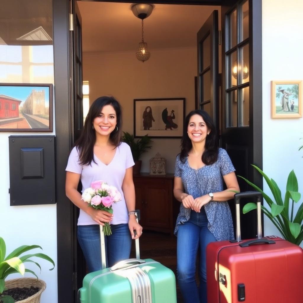 Casal brasileiro sorrindo enquanto recebe hóspedes internacionais na porta do apartamento decorado, com malas e flores
