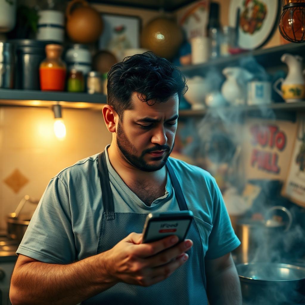 Dono de restaurante brasileiro na cozinha olhando desolado para smartphone com mensagem de suspensão da conta do iFood
