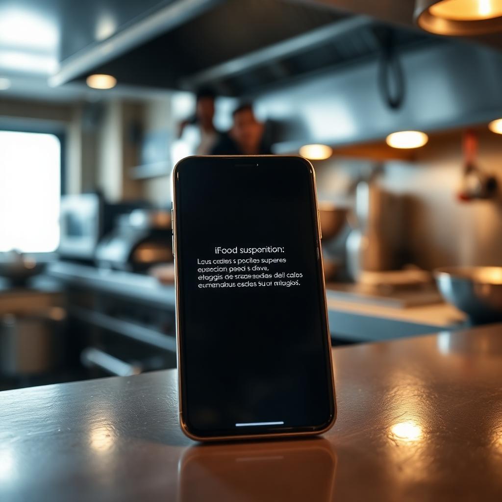Tablet sobre balcão de restaurante brasileiro exibindo notificação de suspensão da conta do iFood, com cozinha movimentada ao fundo