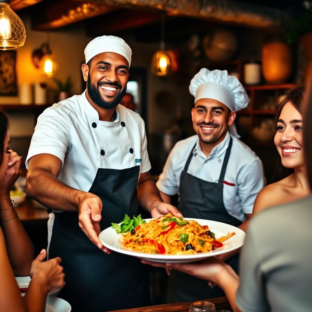 Chef brasileiro sorrindo enquanto serve prato tradicional mineiro para clientes satisfeitos em restaurante aconchegante