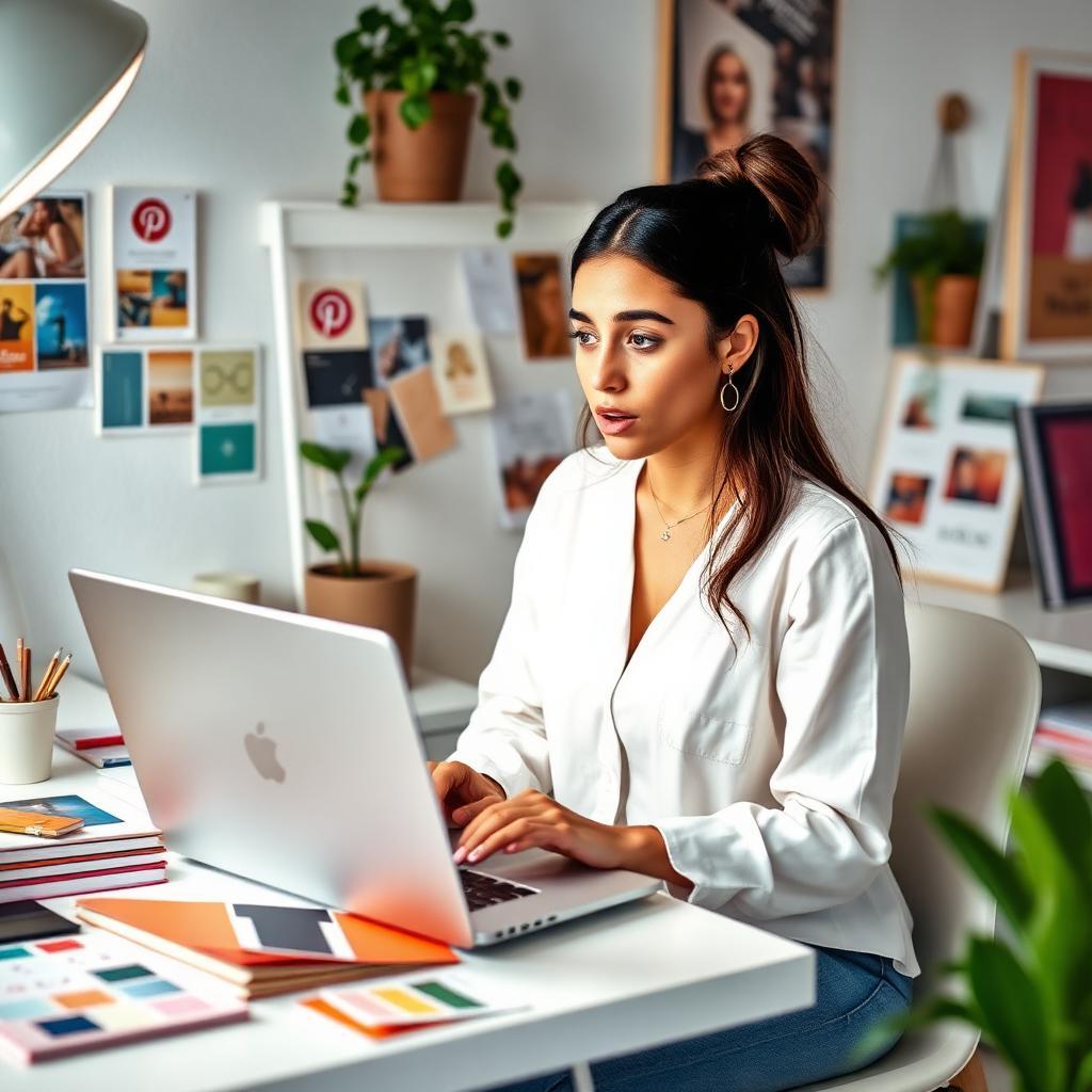 Designer brasileira sentada em mesa de trabalho criativa olhando chocada para laptop com mensagem de suspensão da conta do Pinterest