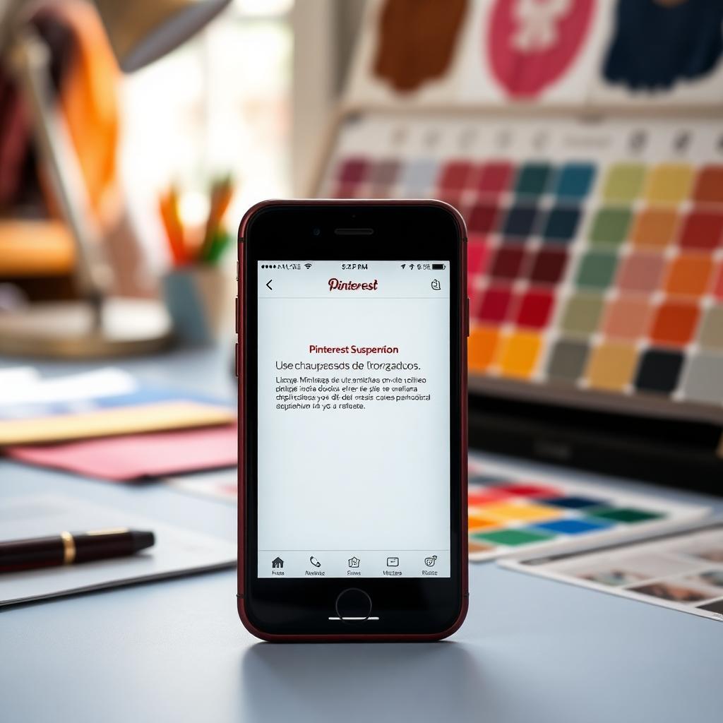 Smartphone sobre mesa de design exibindo notificação de suspensão da conta do Pinterest, com amostras de tecido e paletas de cores ao lado