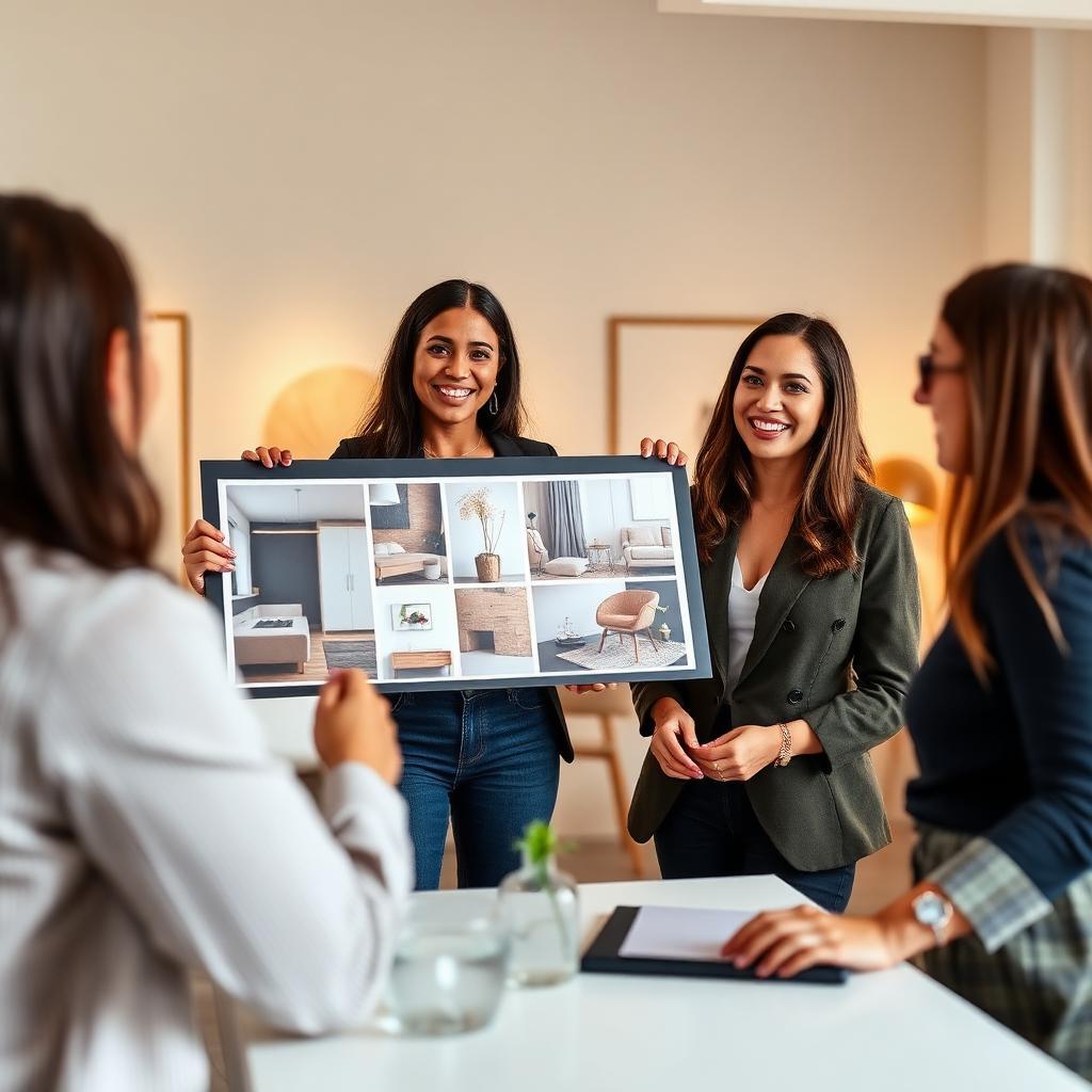 Designer brasileira sorrindo enquanto apresenta mood board de interiores a clientes entusiasmados em estúdio moderno e iluminado