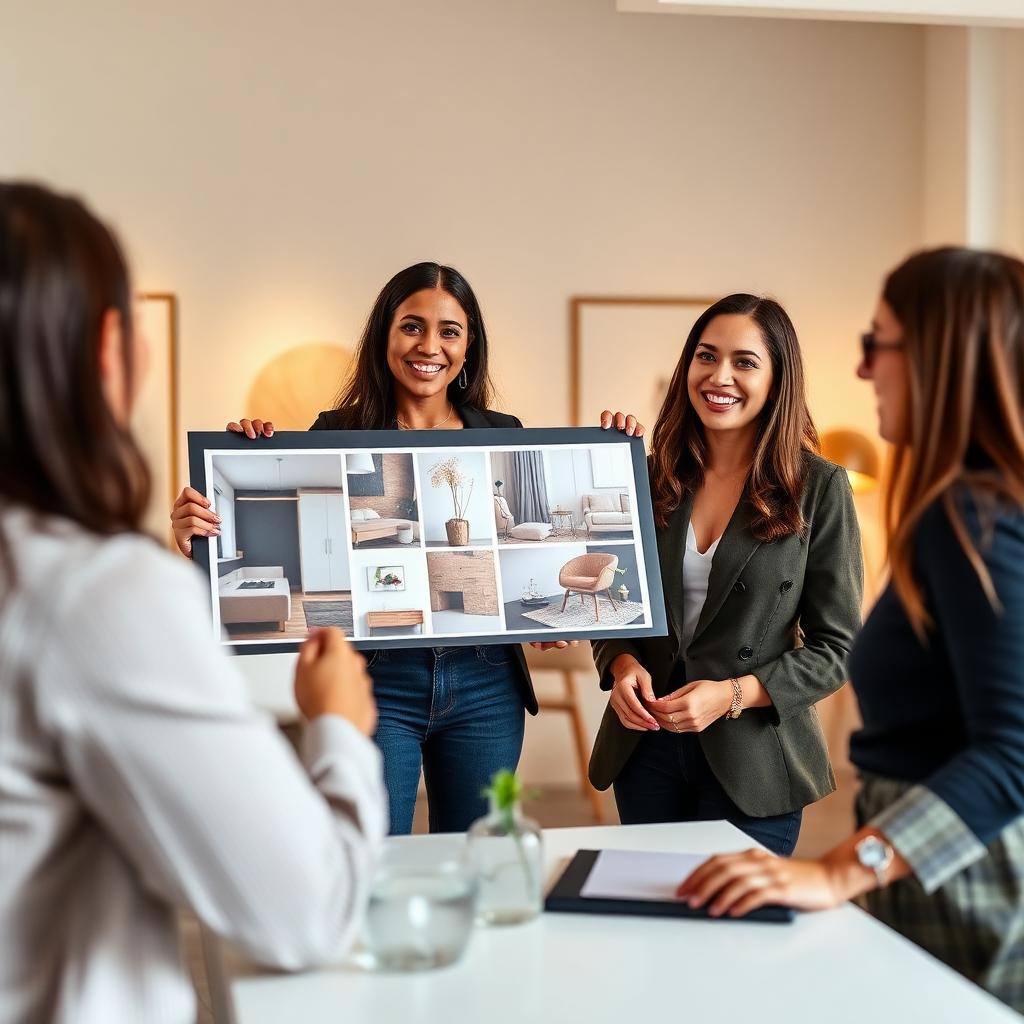 Designer brasileira sorrindo enquanto apresenta mood board de interiores a clientes entusiasmados em estúdio moderno e iluminado