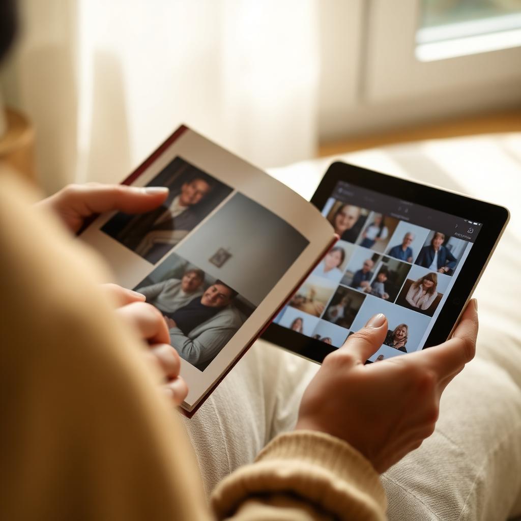 Mãos segurando álbum de fotos antigo ao lado de tablet com fotos digitais