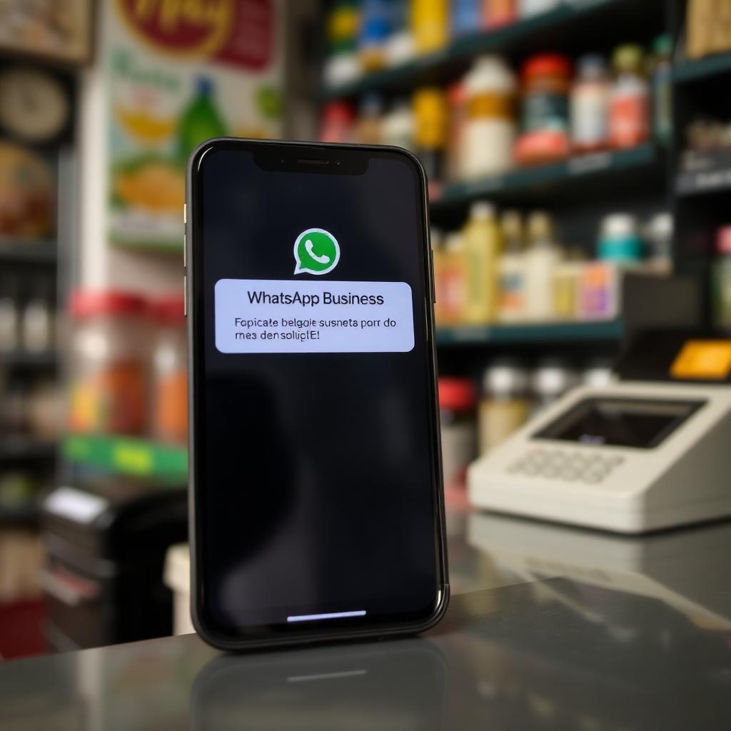 Smartphone sobre balcão de mercearia exibindo notificação de suspensão da conta do WhatsApp Business, com produtos brasileiros e caixa registrador ao fundo