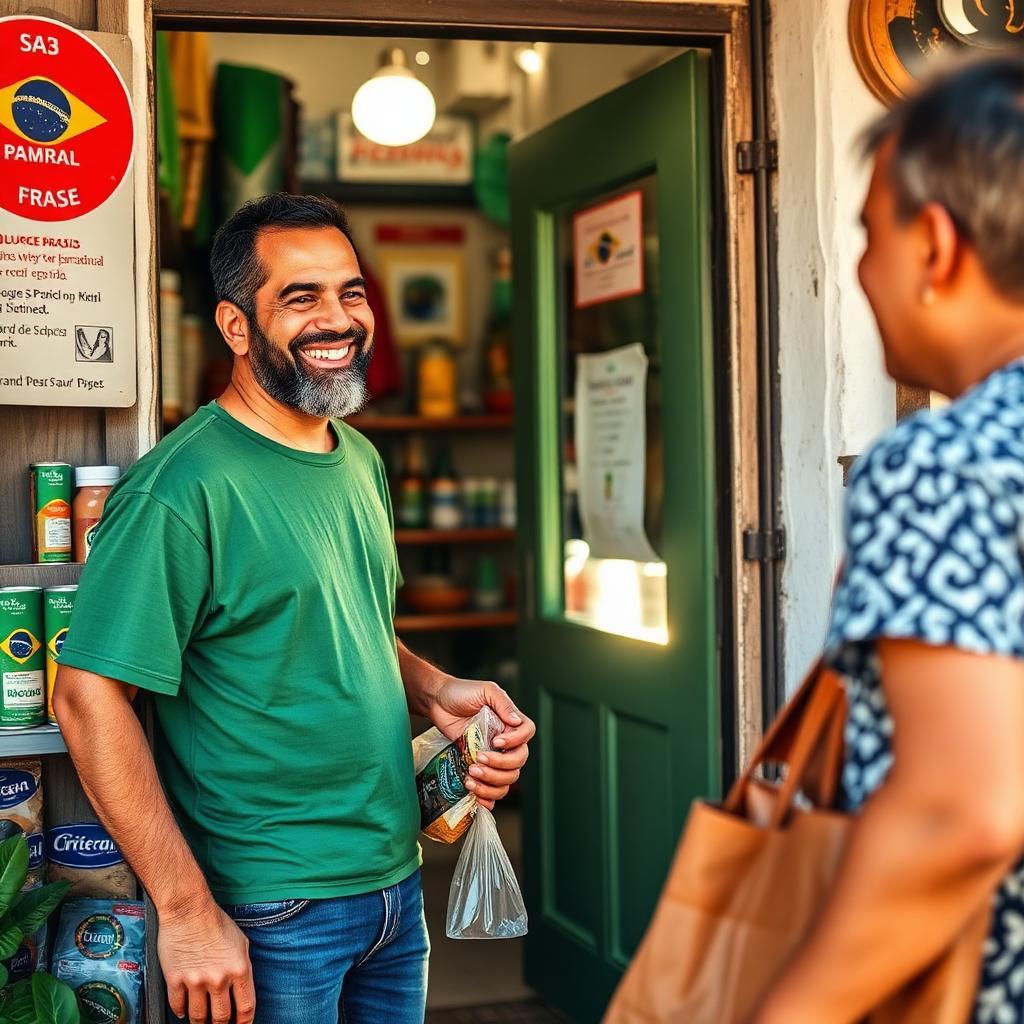 Pequeno empresário brasileiro sorrindo enquanto atende clientes felizes em mercearia de bairro, com produtos e sol entrando pela porta