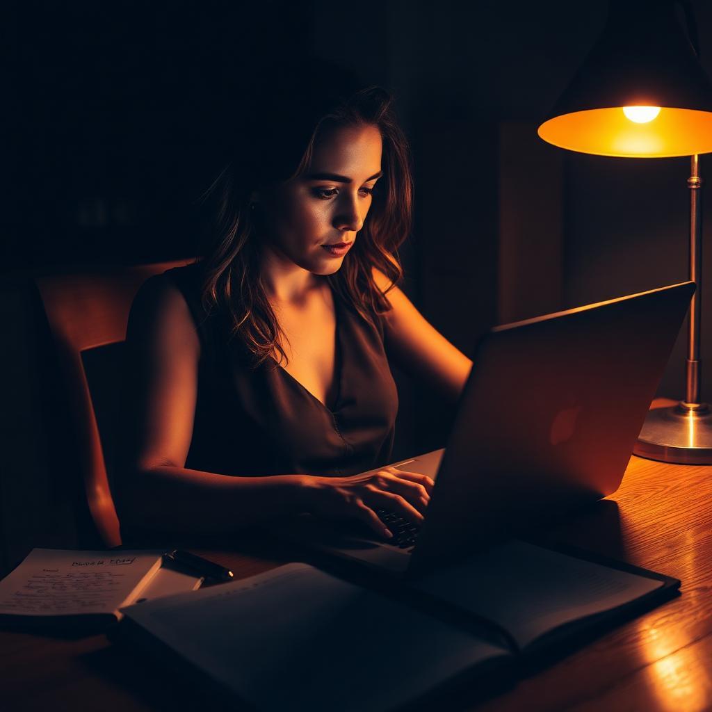 Mulher brasileira intelectual sentada em escrivaninha de madeira olhando chocada para notebook com mensagem de banimento da conta Quora