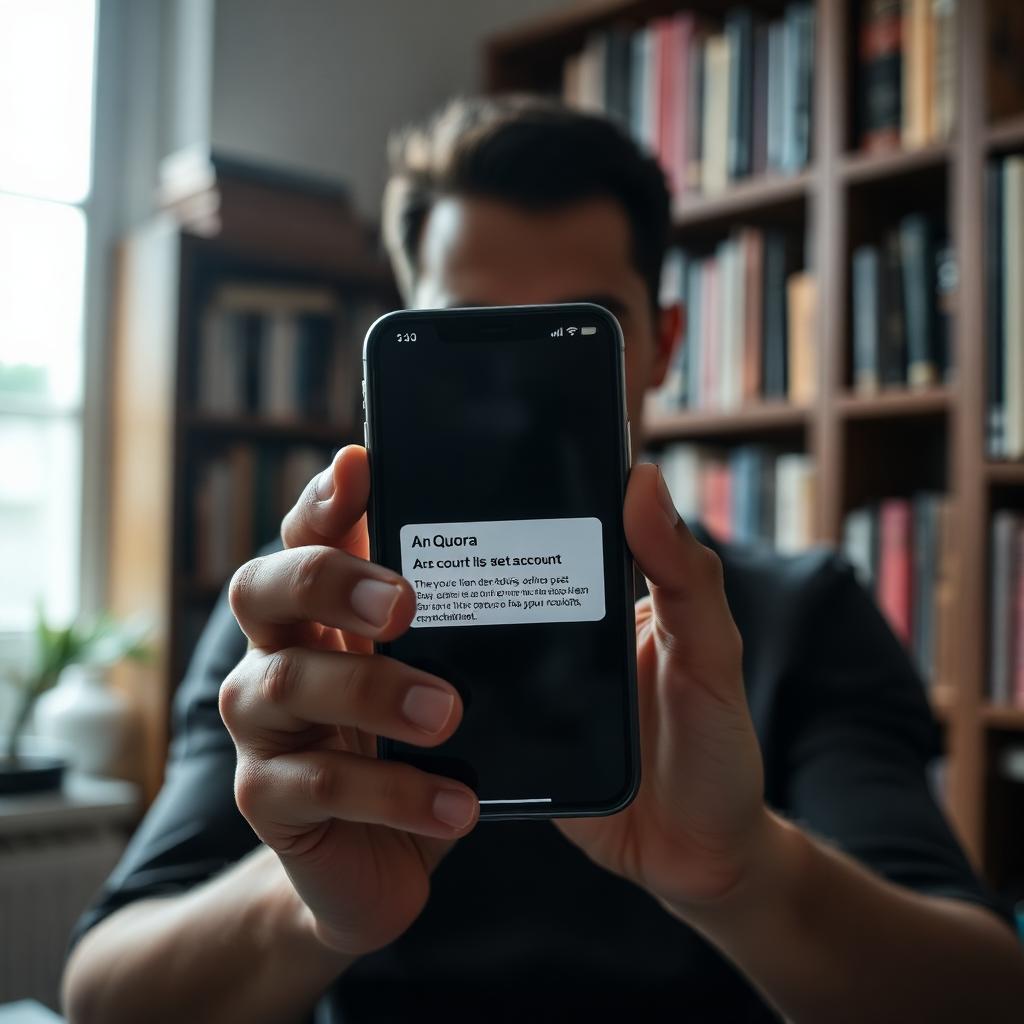 Smartphone exibindo notificação de banimento da conta Quora, segurado por mãos masculinas em biblioteca doméstica com estantes de livros ao fundo