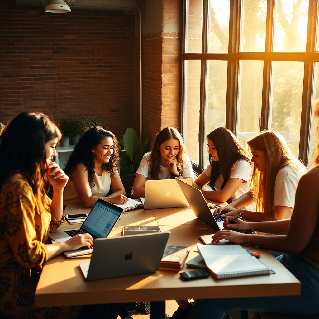 Grupo diversificado de estudantes e escritores brasileiros colaborando em mesa de coworking iluminada por luz dourada do entardecer