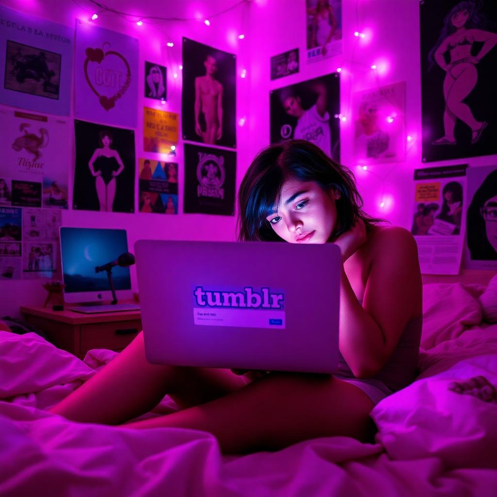 Jovem artista brasileira em quarto decorado com pôsteres e luzes de fadas olhando devastada para laptop com página de suspensão da conta Tumblr