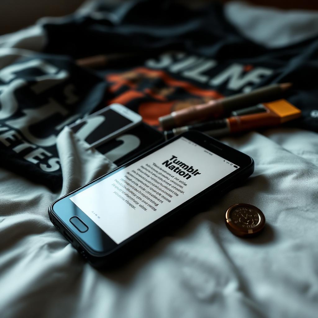 Smartphone sobre cama com camisetas de bandas e materiais de arte exibindo notificação de suspensão da conta Tumblr