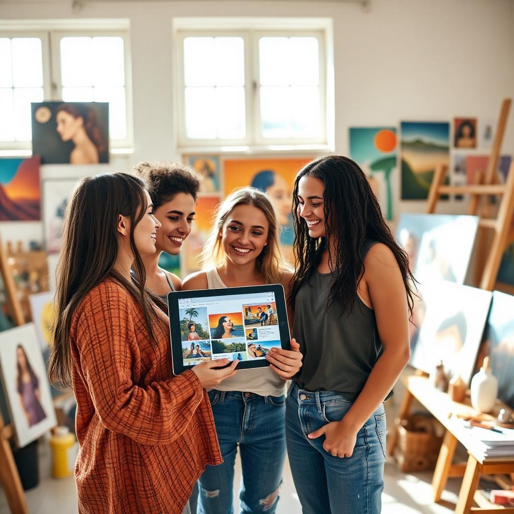 Jovem artista brasileiro exibindo orgulhosamente portfólio em tablet para amigos em estúdio de arte iluminado pelo sol