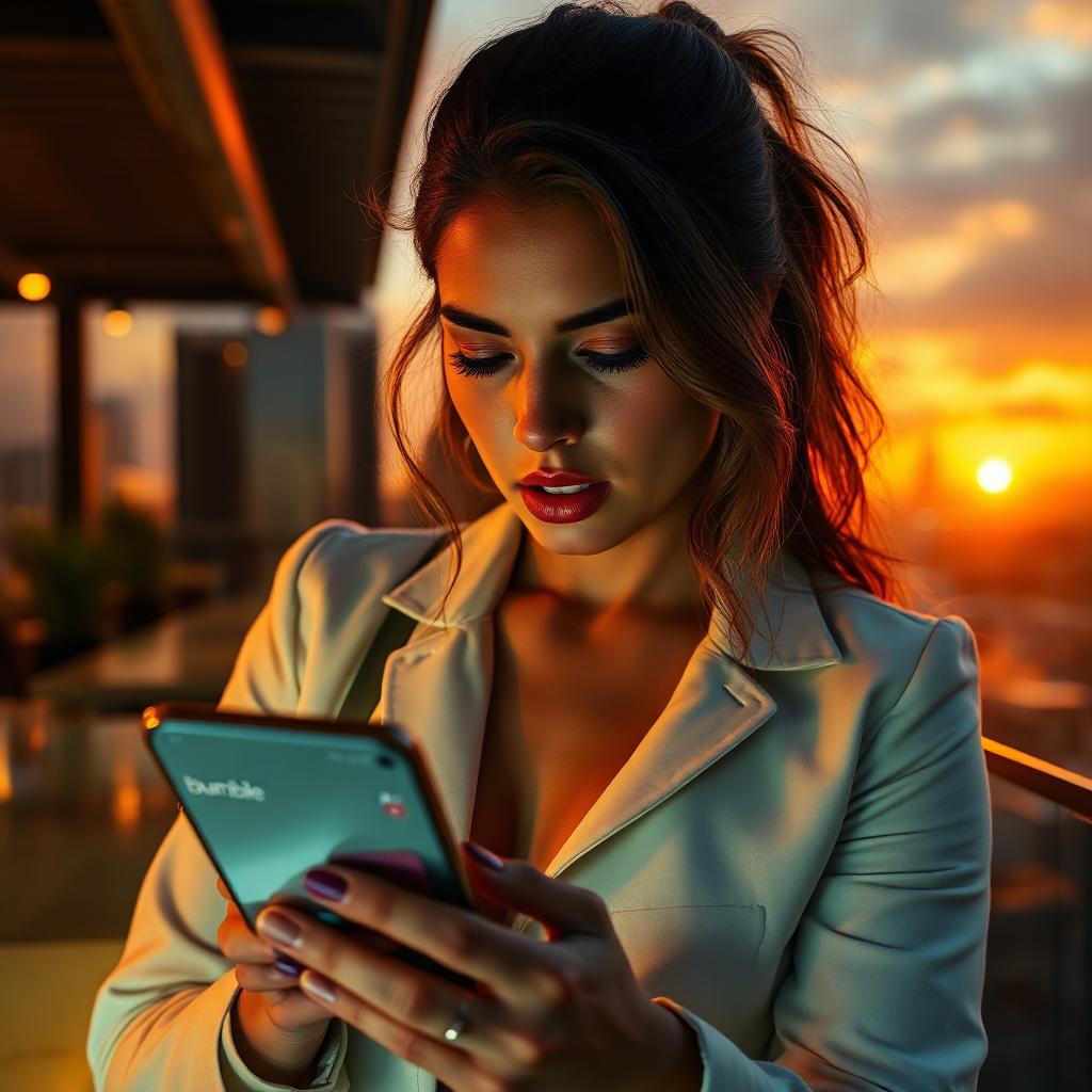 Mulher profissional brasileira olhando chocada para smartphone com notificação de banimento da conta Bumble em rooftop bar ao pôr do sol