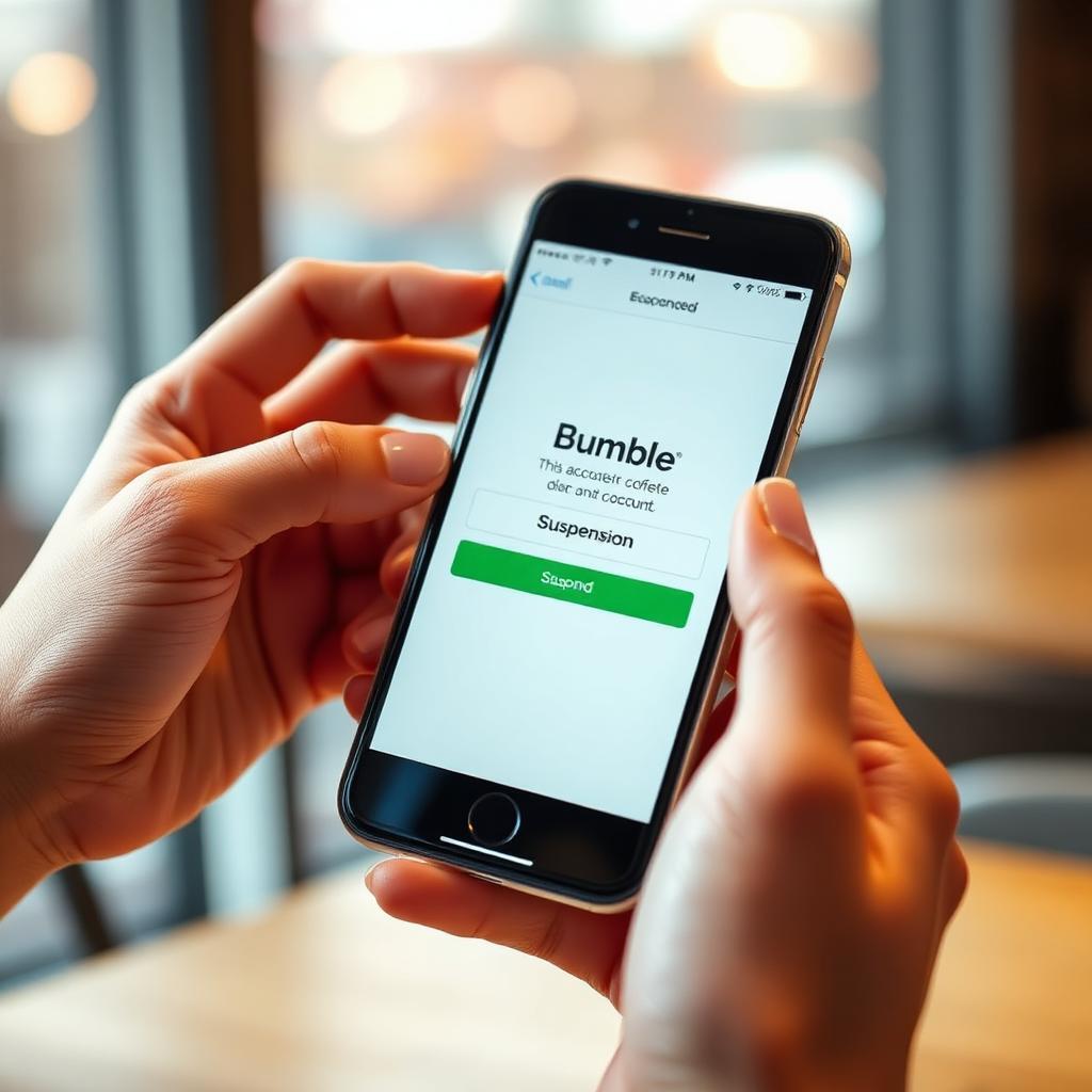 Close de smartphone exibindo mensagem de suspensão da conta Bumble, segurado por mãos com unhas cuidadas em ambiente de cafeteria desfocado