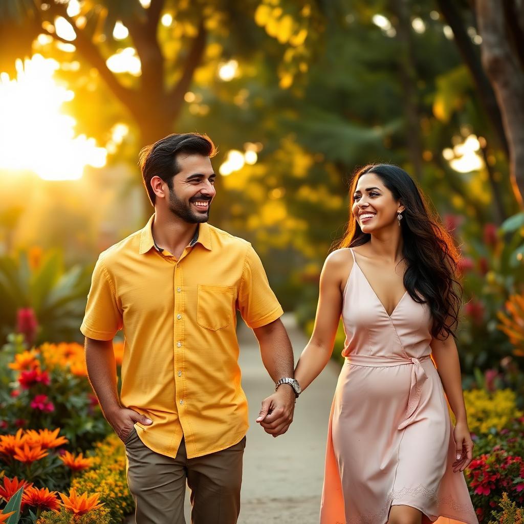 Casal brasileiro feliz caminhando de mãos dadas por jardim botânico colorido em luz dourada da tarde
