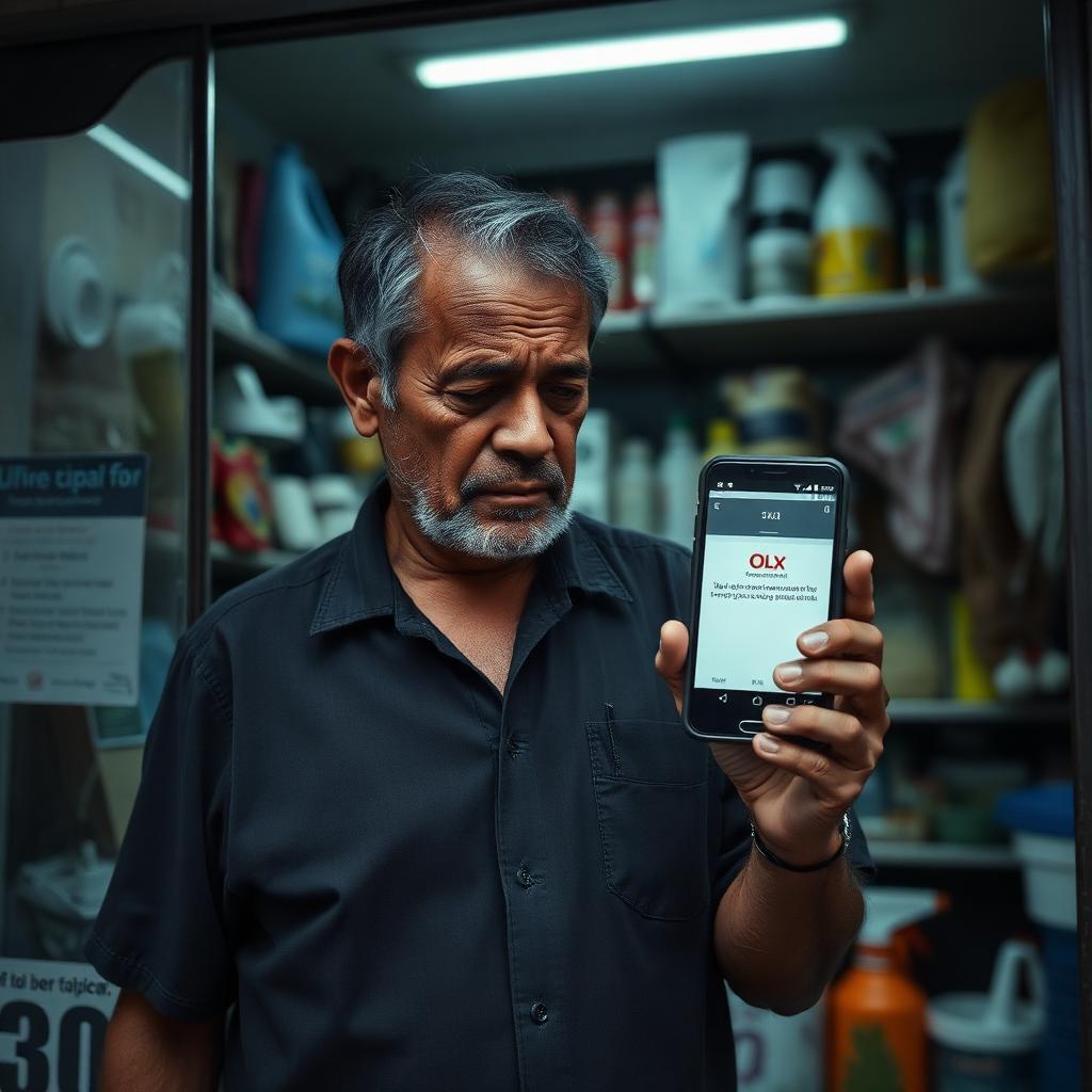 Homem brasileiro de meia-idade em frente a pequena loja de móveis olhando desolado para smartphone com notificação de suspensão da conta OLX