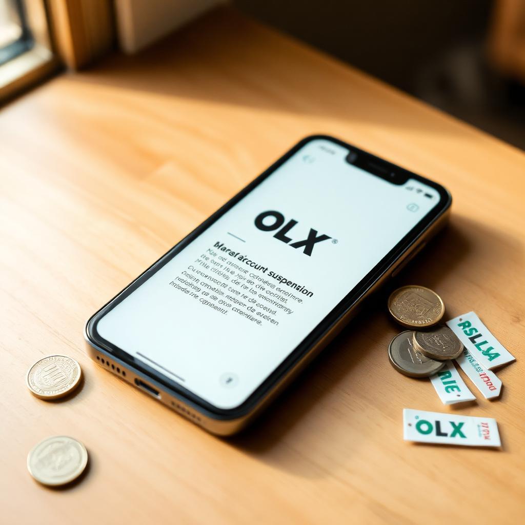 Smartphone sobre balcão de madeira com moedas reais e etiquetas de produtos exibindo notificação de suspensão da conta OLX