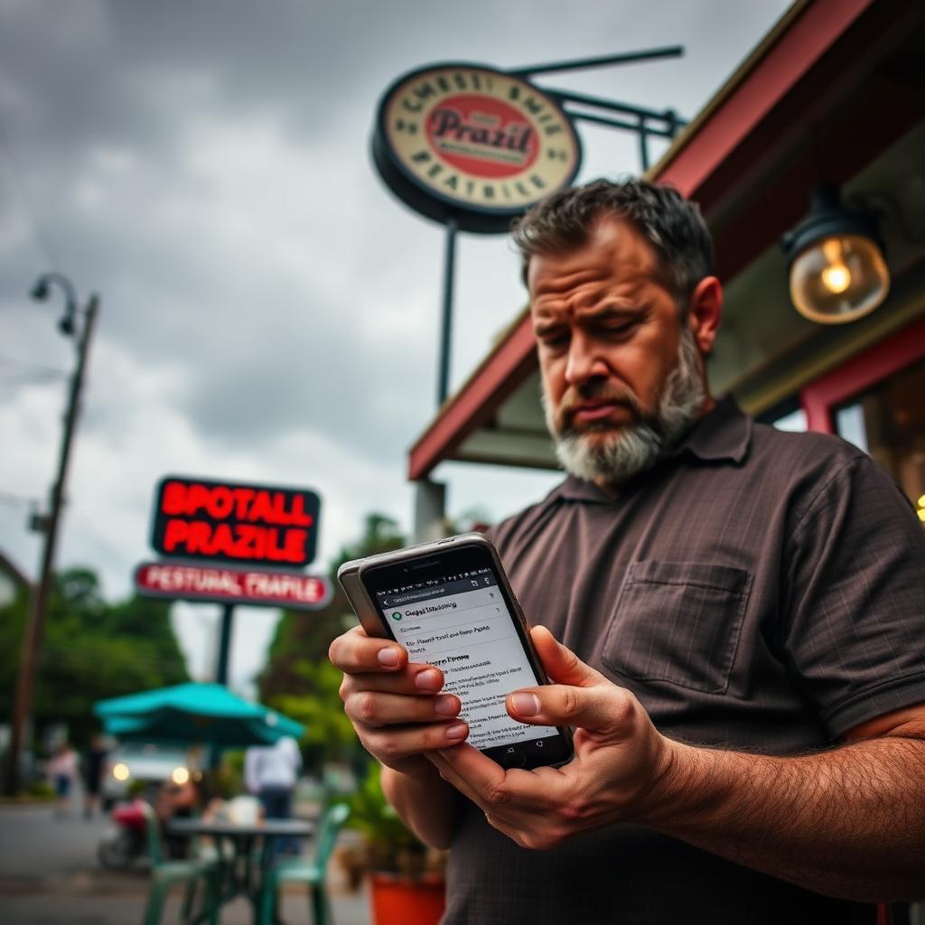 Dona de restaurante brasileira em pé na calçada em frente a seu estabelecimento olhando angustiada para smartphone com notificação de suspensão do Google Meu Negócio
