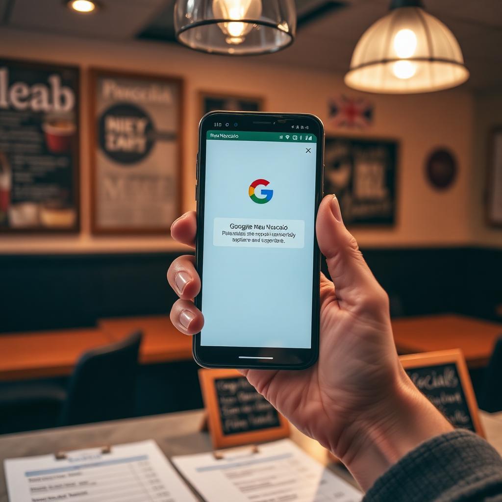 Smartphone sobre balcão de restaurante exibindo mensagem de suspensão do perfil Google Meu Negócio, com cardápio e lousa de pratos do dia ao lado