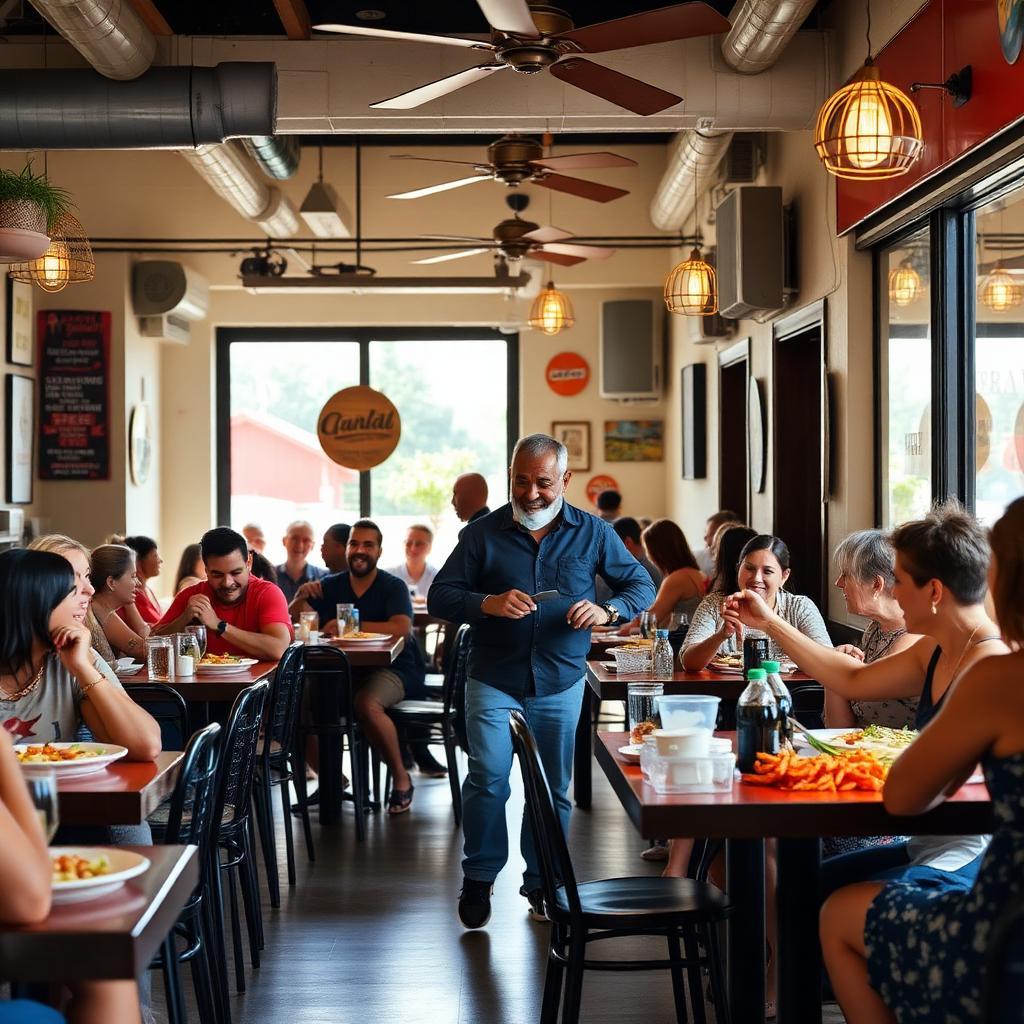 Restaurante familiar brasileiro lotado no horário do almoço, dona cumprimentando clientes regulares na porta, luz solar vibrante