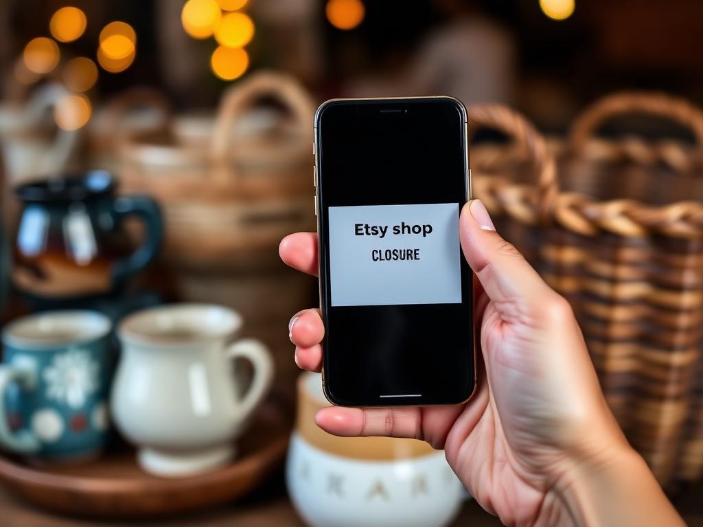 Mãos segurando smartphone com mensagem de fechamento de loja Etsy, cerâmica artesanal ao fundo